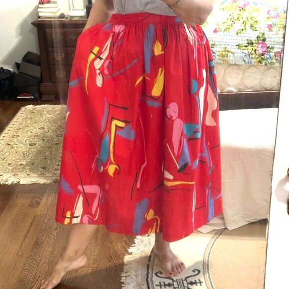 Vintage 80s Pliers Brand Abstract Pattern Red Cotton/Polyester Midi Skirt - Picture 2 of 10